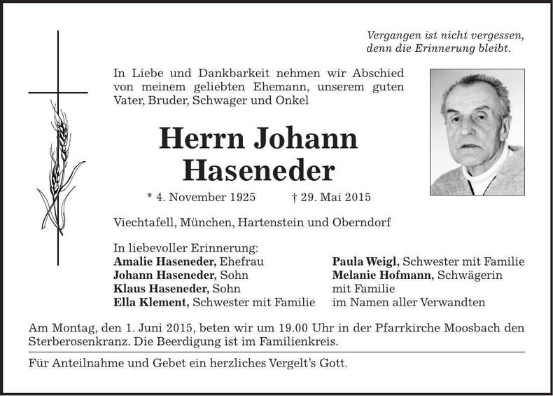 Traueranzeige Johann Haseneder