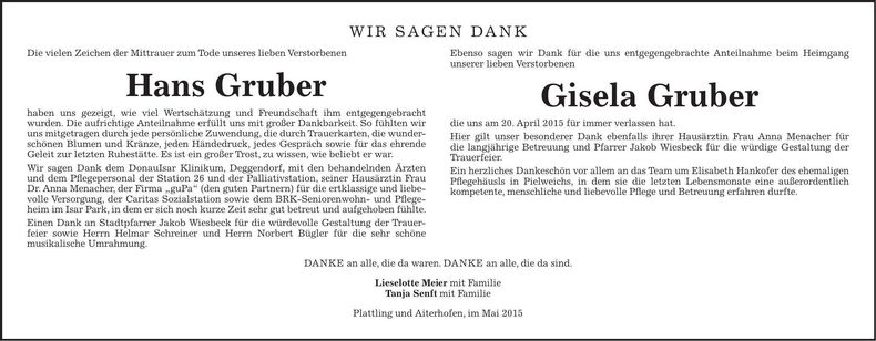 Traueranzeige Hans und Gisela Gruber