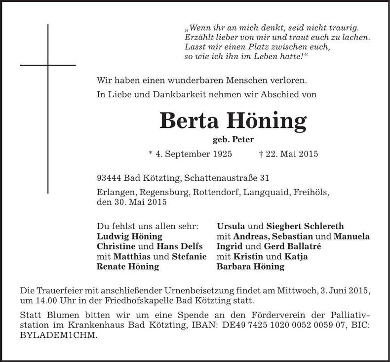 Traueranzeige Berta Höning