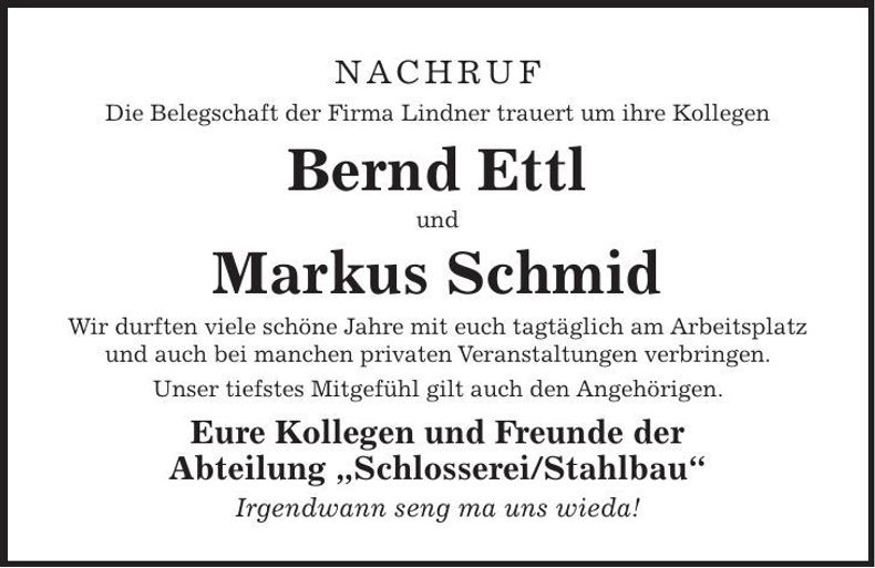 Traueranzeige Bernd - Markus Ettl - Schmid