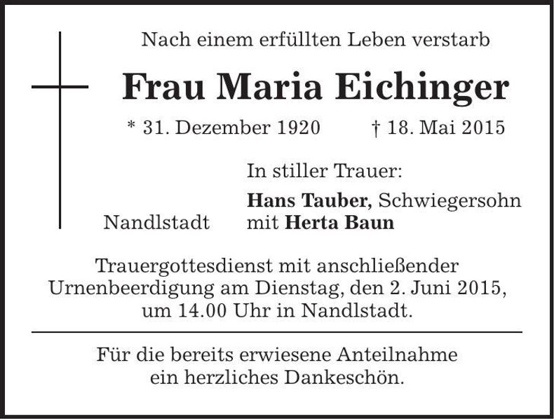 Traueranzeige Maria Eichinger
