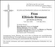 Traueranzeige Elfriede Brunner