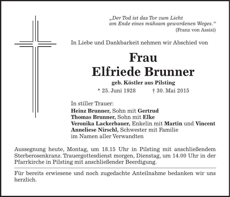 Traueranzeige Elfriede Brunner