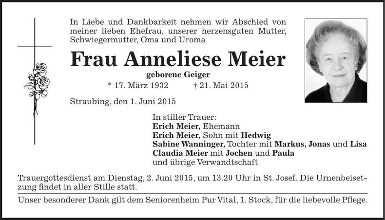 Traueranzeige Anneliese Meier