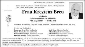 Traueranzeige Kreszenz Breu