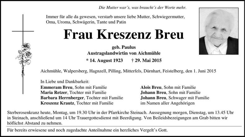 Traueranzeige Kreszenz Breu