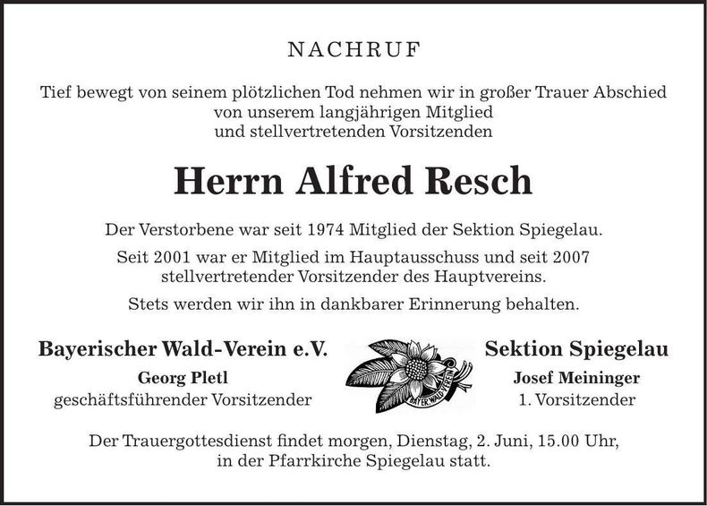 Traueranzeige Alfred Resch