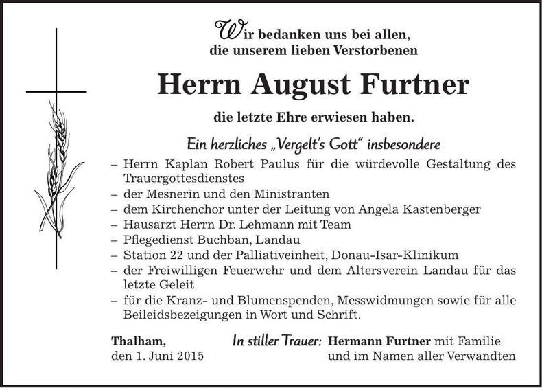 Traueranzeige August Furtner