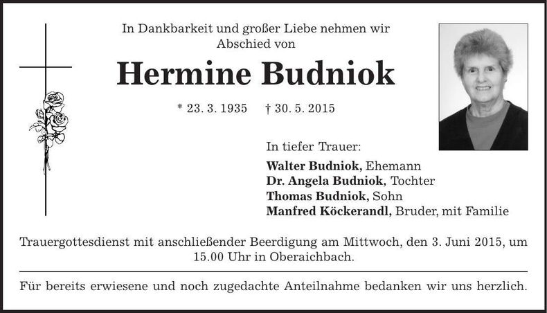 Traueranzeige Hermine Budniok