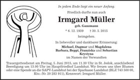 Traueranzeige Irmgard Müller