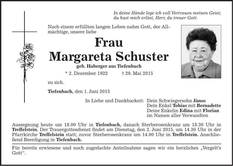 Traueranzeige Margareta Schuster