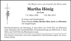 Traueranzeige Martha Hönig