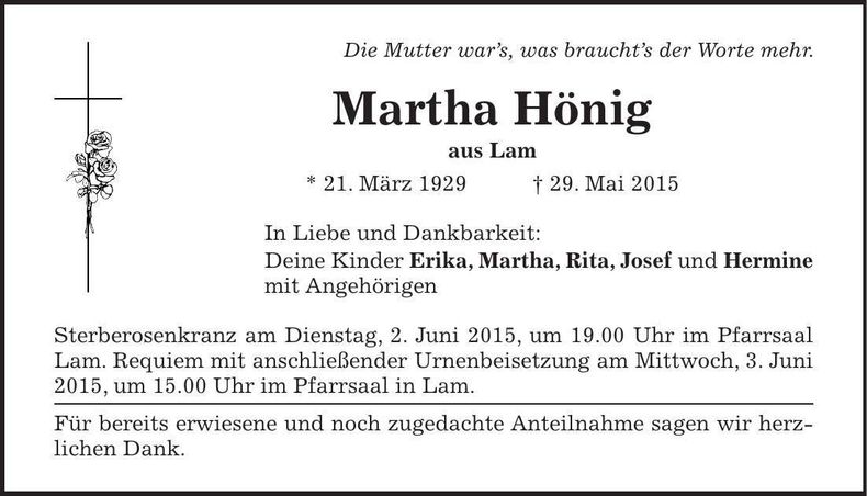 Traueranzeige Martha Hönig