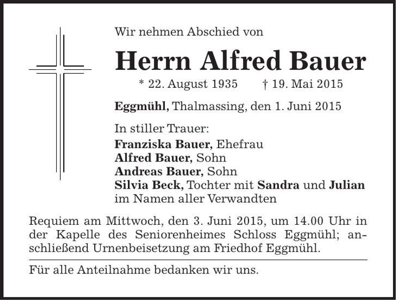 Traueranzeige Alfred Bauer