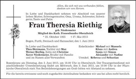 Traueranzeige Theresia Riethig