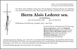 Traueranzeige Alois Lederer