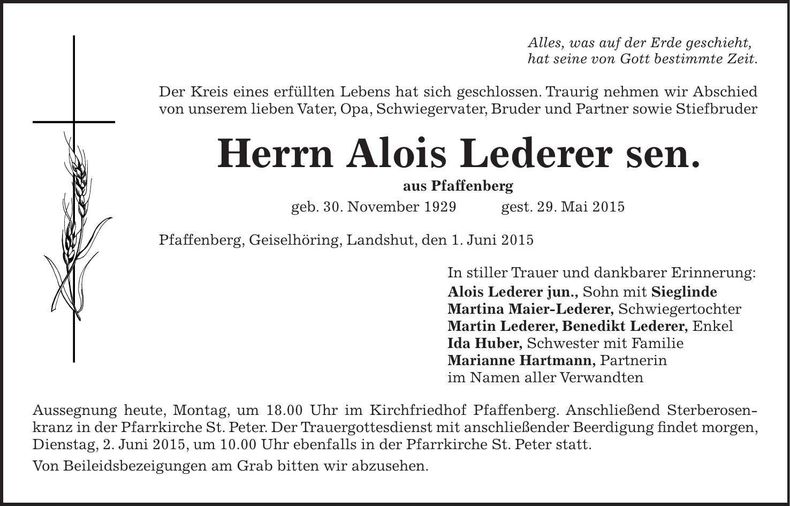 Traueranzeige Alois Lederer
