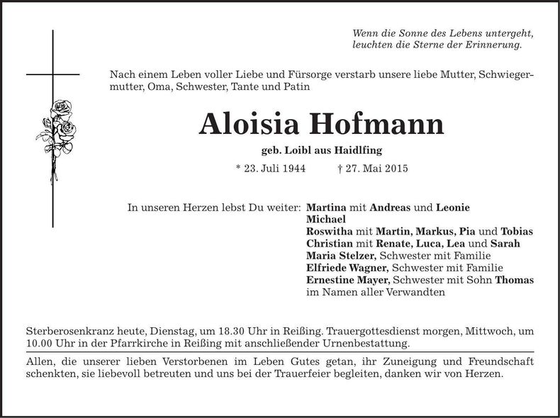 Traueranzeige Aloisia Hofmann