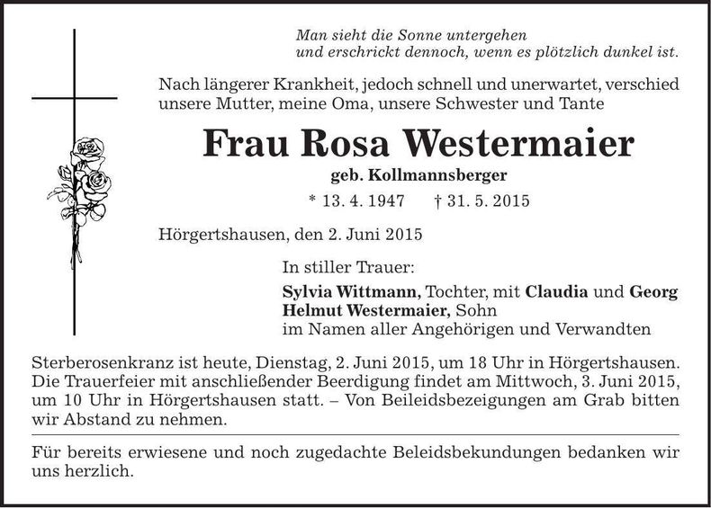 Traueranzeige Rosa Westermaier