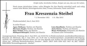 Traueranzeige Kreszenzia Steibel