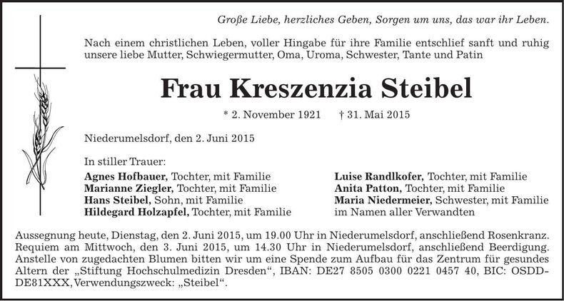 Traueranzeige Kreszenzia Steibel