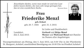 Traueranzeige Friederike Menzl