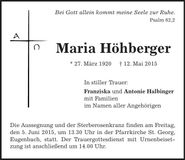 Traueranzeige Maria Höhberger