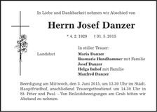 Traueranzeige Josef Danzer