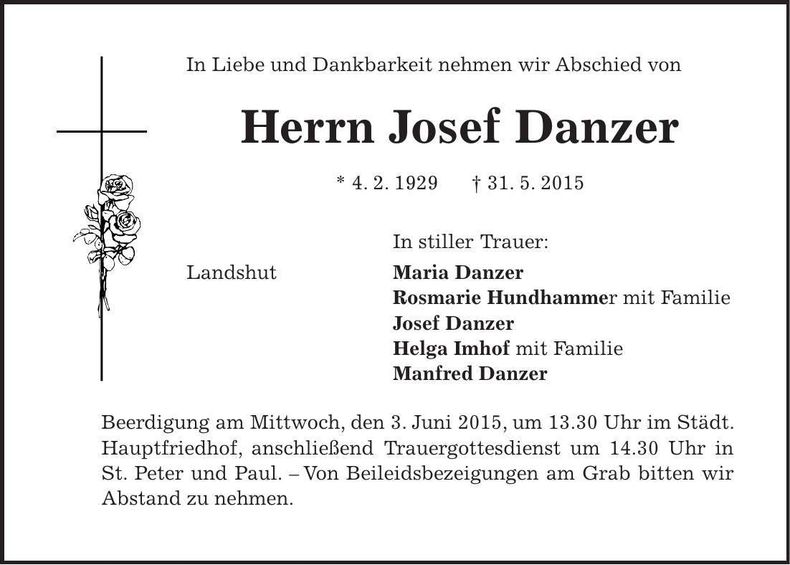 Traueranzeige Josef Danzer