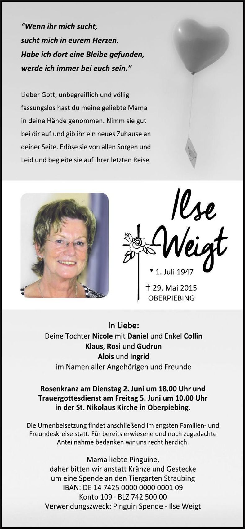 Traueranzeige Ilse Weigt