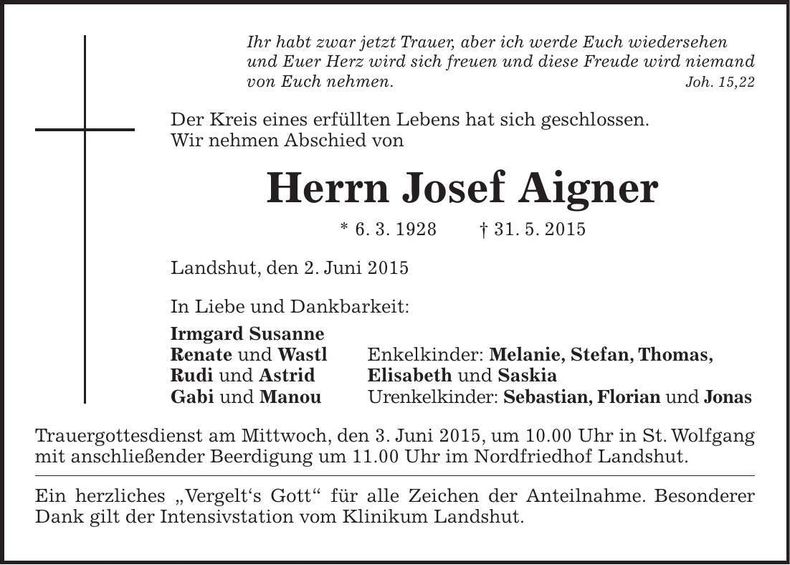 Traueranzeige Josef Aigner