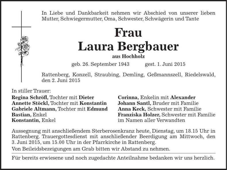 Traueranzeige Laura Bergbauer