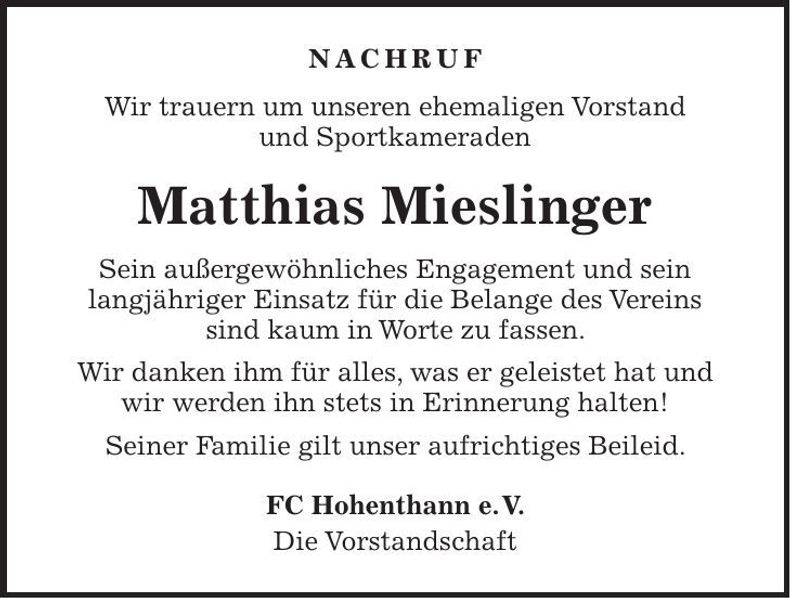 Traueranzeige Matthias Mieslinger
