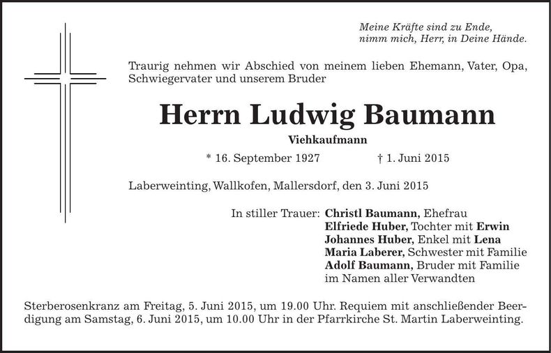 Traueranzeige Ludwig Baumann
