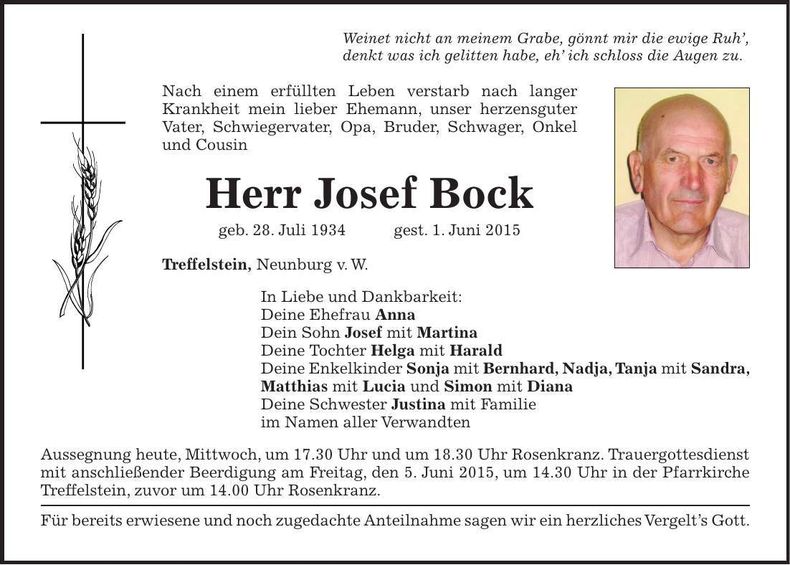Traueranzeige Josef Bock
