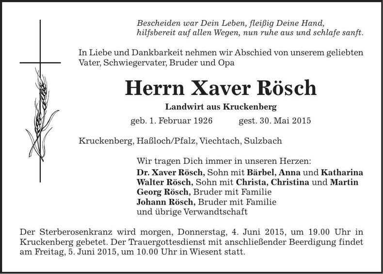 Traueranzeige Xaver Rösch