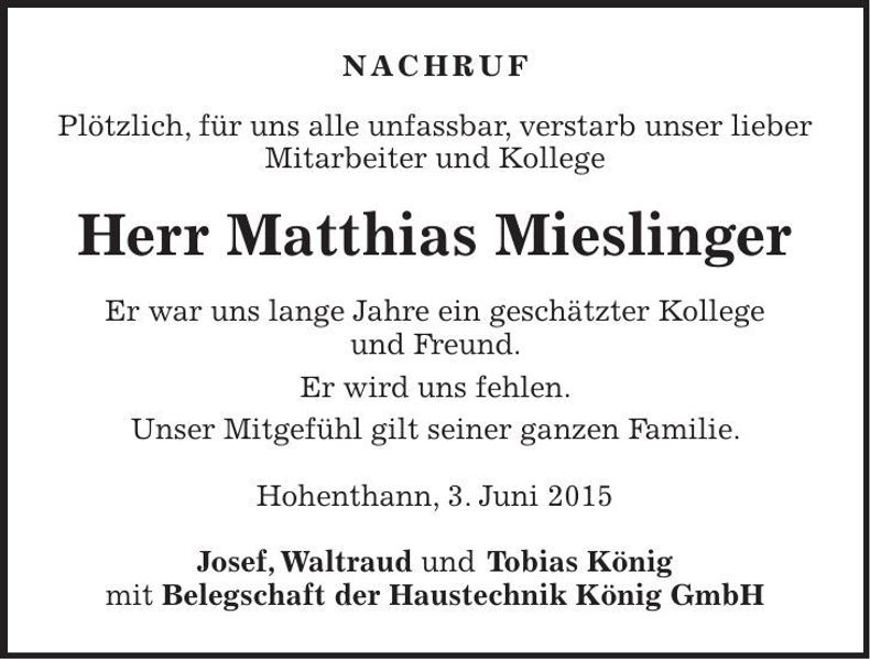 Traueranzeige Matthias Mieslinger