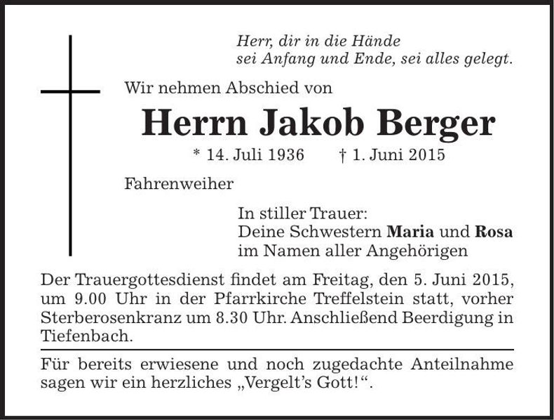 Traueranzeige Jakob Berger