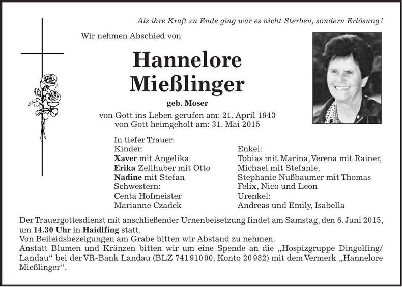 Traueranzeige Hannelore Mießlinger