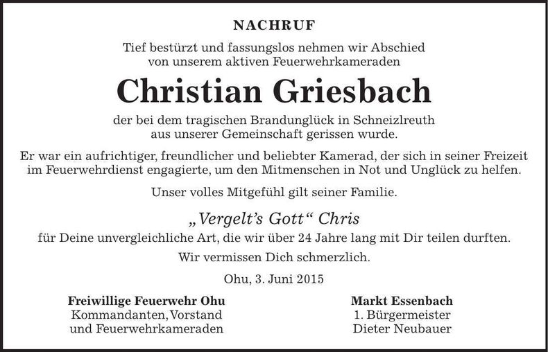 Traueranzeige Christian Griesbach