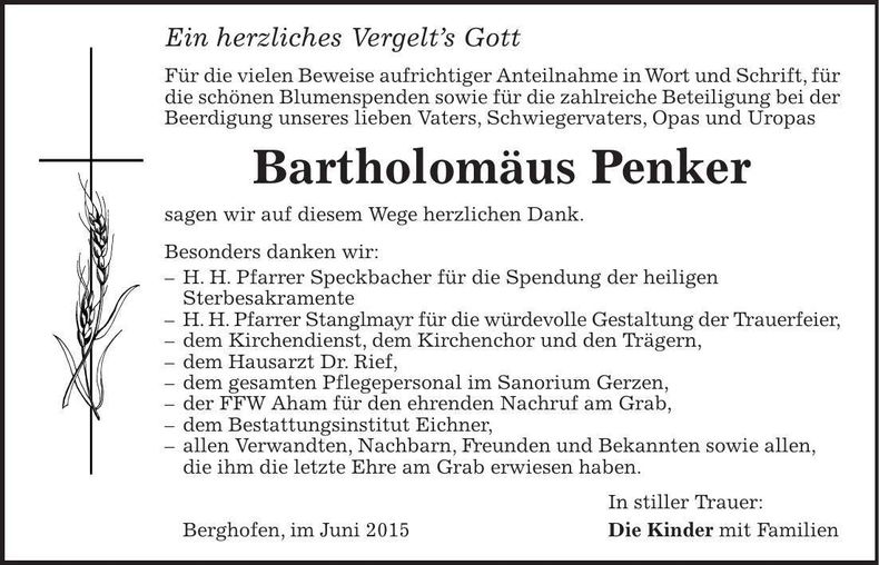 Traueranzeige Bartholomäus Penker