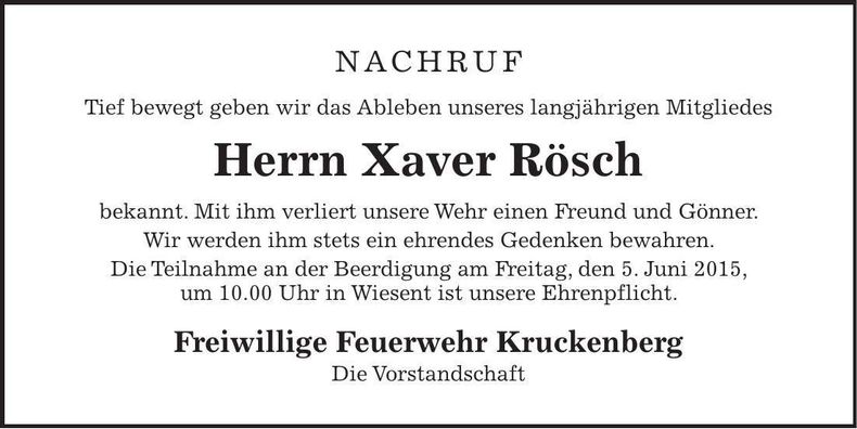 Traueranzeige Xaver Rösch