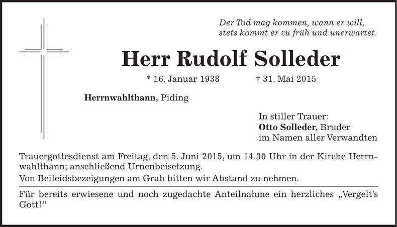 Traueranzeige Rudolf Solleder