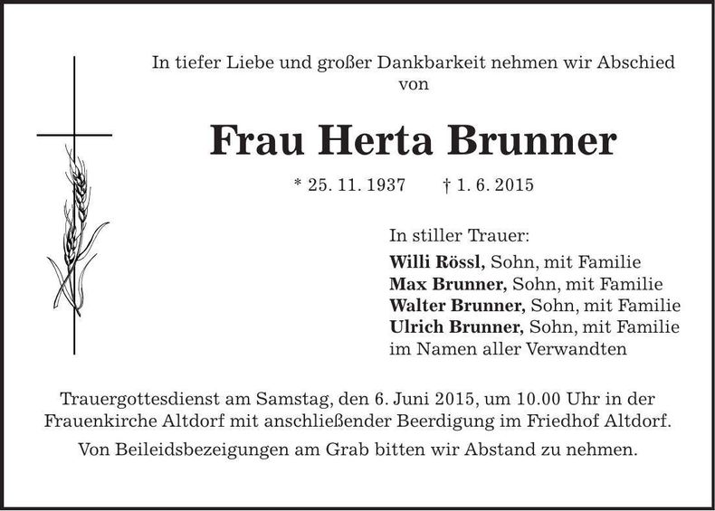 Traueranzeige Herta Brunner