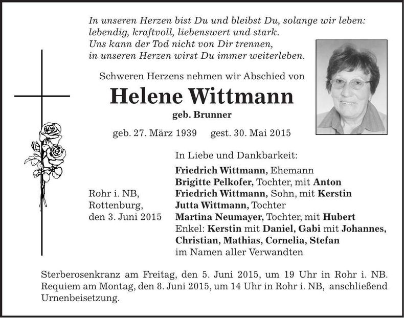 Traueranzeige Helene Wittmann
