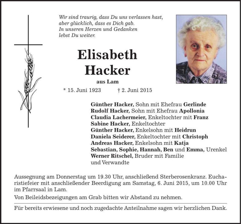 Traueranzeige Elisabeth Hacker