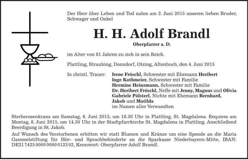 Traueranzeige Adolf Brandl