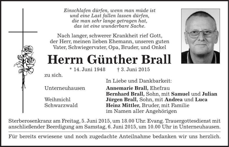 Traueranzeige Günther Brall
