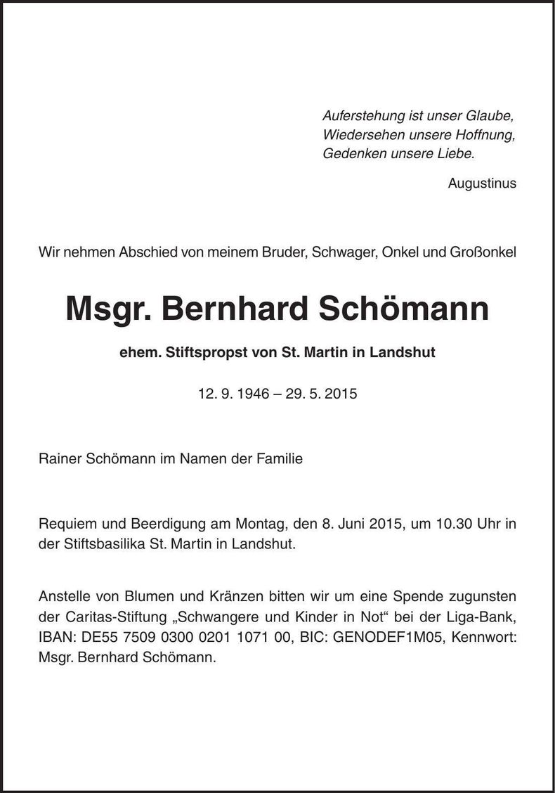 Traueranzeige Bernhard Schömann