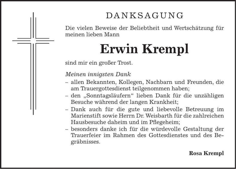 Traueranzeige Erwin Krempl